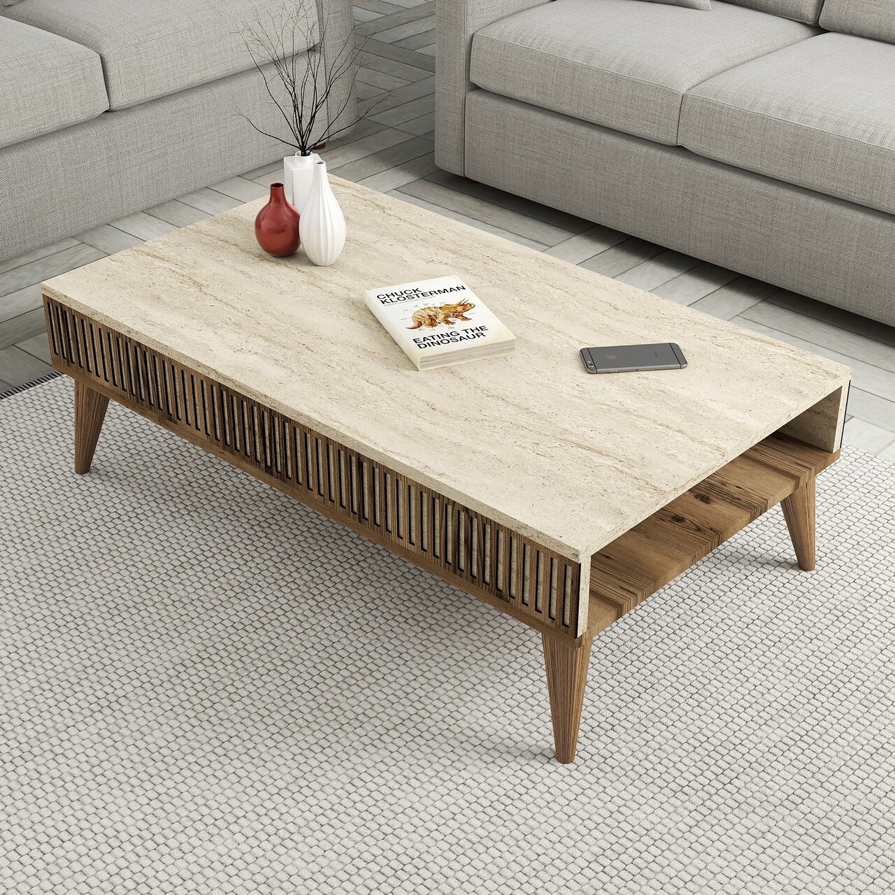 Masuta de cafea, Hanah Home, Milan, 105x35x60 cm, Nuc / Travertin - imagine 5